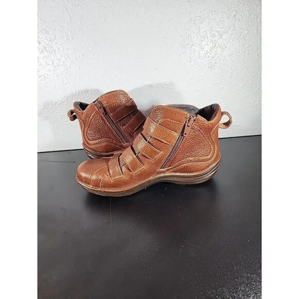 Bionico Boots 6.5 M Booties Brown Stitch Leather Multi Strap Ankle Zip Shoes‎